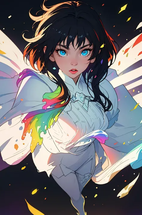 a man wearing white armor with white cape fighting},masterpiece,best quality,extremely detailed CG unity 8k wallpaper,cinematic lighting,lens flare,beautiful detail eyes,full body,black,multicolor hair,colorful light particles,heterochromia,(colorful:1.5),(colorful hair:1.5),<lora:beautifulDetailedEyes_v10:1>,<lora:lightAndShadow_v10:0.1>,