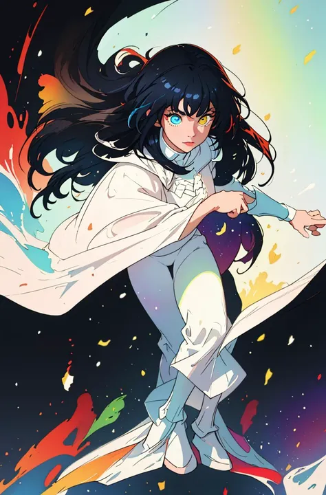 a man wearing white armor with white cape fighting},masterpiece,best quality,extremely detailed CG unity 8k wallpaper,cinematic lighting,lens flare,beautiful detail eyes,full body,black,multicolor hair,colorful light particles,heterochromia,(colorful:1.5),(colorful hair:1.5),<lora:beautifulDetailedEyes_v10:1>,<lora:lightAndShadow_v10:0.1>,