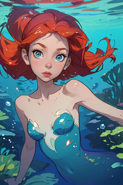 (best quality, masterpiece), 1girl, looking at viewer, ariel \(disney\), mermaid, underwater, upper body,