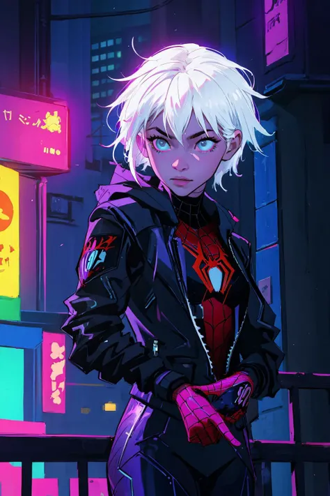 (best quality, masterpiece:1.2), (detailed skin:1.1), two-tone lighting, cyberpunk, ray tracing, HDR, 1girl, spiderman costume, unmasking, buildings, neon lights, white hair, <lora:flat:-0.2>