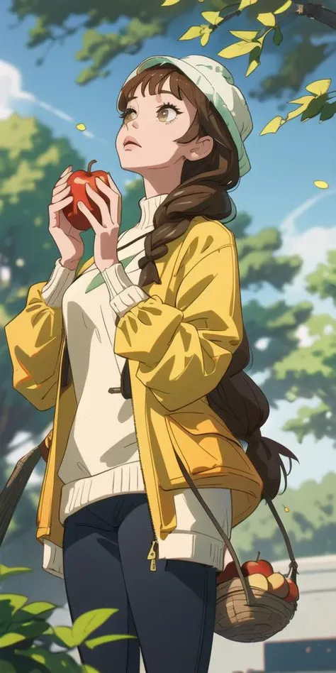 (best quality, masterpiece), 1girl, food, solo, fruit, holding food, holding, long hair, brown hair, holding fruit, outdoors, long sleeves, yellow headwear, branch, tree, hat, blurry, apple, closed mouth, brown eyes, day, bangs, looking up, hands up, jacket, leaf, standing, cowboy shot, plant, depth of field, blurry background, coat, braid, basket, green headwear, yellow jacket, looking away, sweater, dappled sunlight, <lora:light-000004:1>