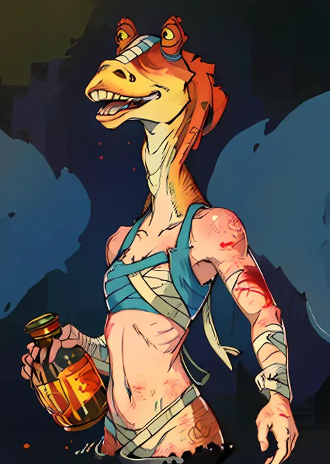 jar jar binks, naked bandage, Beautiful Art Style, 1girl, young woman, lovely, gradient, <lora:dildoriding2-000005:1><lora:ridingDildoSexActLora_v11:0.8>, <lora:jarJarBinksGunganStar_v3:0.6> <lora:attire_nakedbandage-12:0.8> Blood_Skelter, <lora:BloodSkelterStyle-30:0.8>