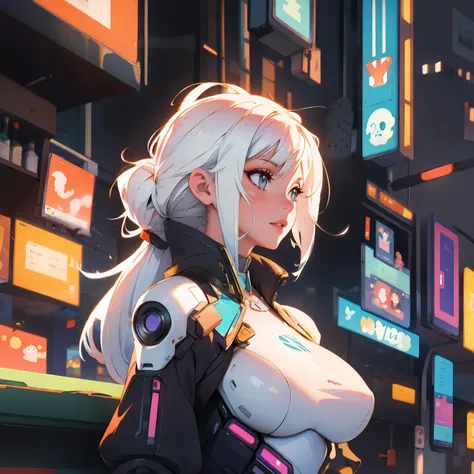 (best quality, masterpiece), 1girl, cyberpunk, robotic left arm, sexy, (huge breast:1.1), futuristic bar, (side view:1.1), white hair long, looking away, blurry background,