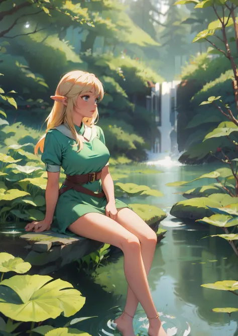 (best quality, masterpiece), 1girl, sitting, elf, pond, in water, deep forest, waterfall, looking away, blurry background, big breasts