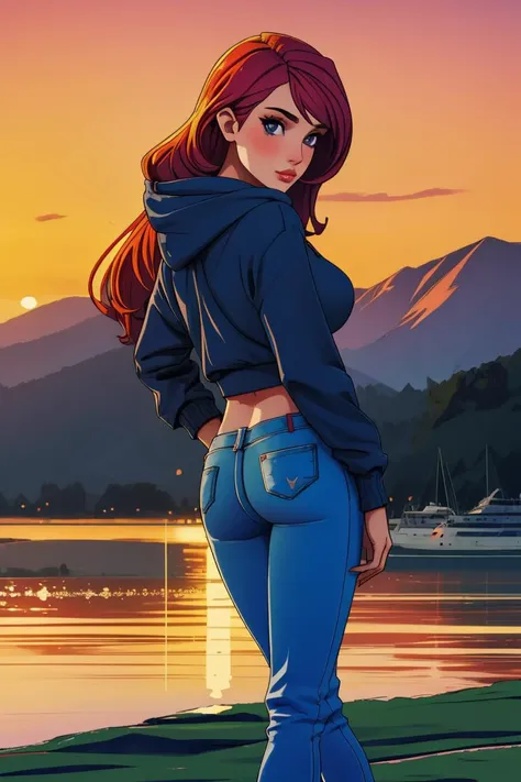 1girl, skinny jeans, medium breasts, ass, hoodie, sexy pose, stiletto, flat color, golden hour, lakeside