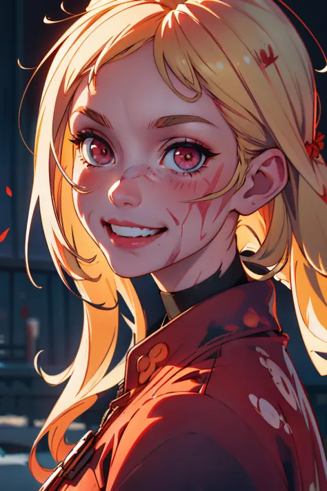 ((perfectly centered)) (((portrait))) of a beautiful (((blonde serial killer))) (((covered in blood))), (((blood all over her clothes))), (((blood splatters on her face))), (((red hypnotizing eyes))), dance macabre aesthetic, hyper realistic, (((staring at the viewer with a diabolical smile))), ((psycho smile)), diabolical, horror atmosphere, slasher atmosphere, dark setting, 1970's horror aesthetic, highly detailed, detailed background, masterpiece, hdr, raytracing, blood, dark red blood, gore, violence, slasher movie, serial killer, psychopath, small breasts, slim body
