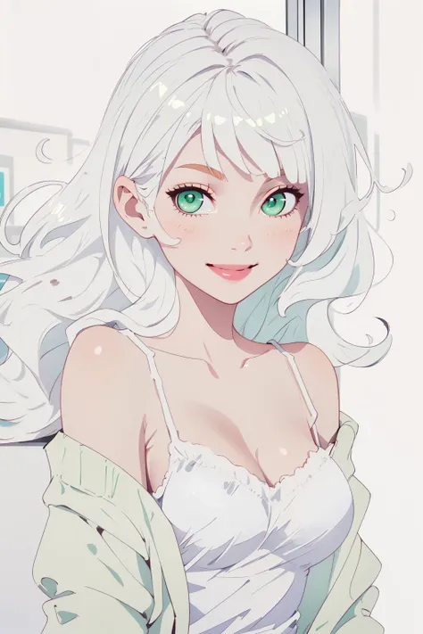 masterpiece,best quality,ultra high res,
1girl,solo,be alone,off shoulder,cleavage,white hair,curly hair,(white camisole:1.3),(Green cardigan:1.2),beauty eyes,beauty face,smile,shiny skin,shiny hair,
looking at viewer,upper body,Dynamic posture,
(Background blur:1.3),In the subway car,