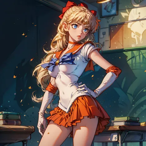 masterpiece, best quality, highres, sv1, sailor senshi uniform, orange skirt, elbow gloves, tiara, orange sailor collar, red bow, orange choker, white gloves, jewelry, <lora:sailor_venus_v2:1>, standing, classroom, huge breasts, <lora:add_detail:1>