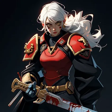 WarHammer 40,Sister of Battle,Adepta Sororitas, 1 woman,standing back turnned, short white hair, golden eyes, battle armor female warhammer40k,red painted armor,chainsaw sword, warhammer 4k LazPistol,8k,Hd, Masterpeice,ultra detailed,super quality,perfect faces , pretty faces, stirn expression, baseball cap that says eggcelent on the front.Blood,gore,blood splatterr,, ultra quality,beautiful face,perfect hands,8k Hd, HeadpatPOV, torn clothes, inblackholetech,excessive energy,scifi, LunarPunkAI