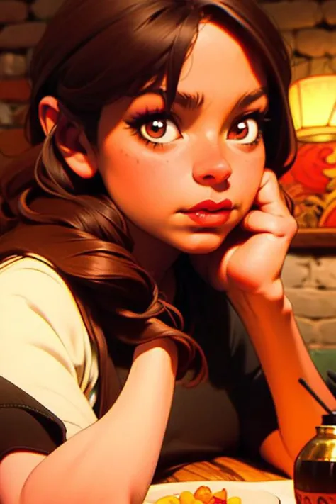 Portrait of a woman sitting at a dinner table with stone walls and lamps in the background. 1girl, solo, close-up, natural makeup, black t-shirt, phangry