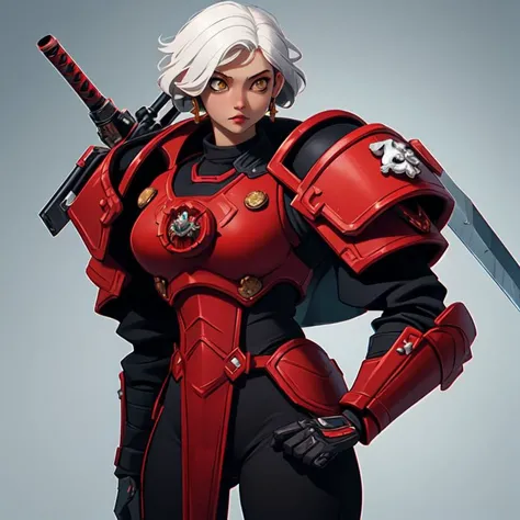 WarHammer 40,Sister of Battle,Adepta Sororitas, 1 woman,standing back turnned, short white hair, golden eyes, battle armor femaal warhammer40k,red painted armor,chainsaw sword, warhammer 4k LazPistol,8k,Hd, Masterpeice,ultra detailed,super quality,perfect faces , pretty faces, stirn expression, Trucker hat that says eggcelent on the front