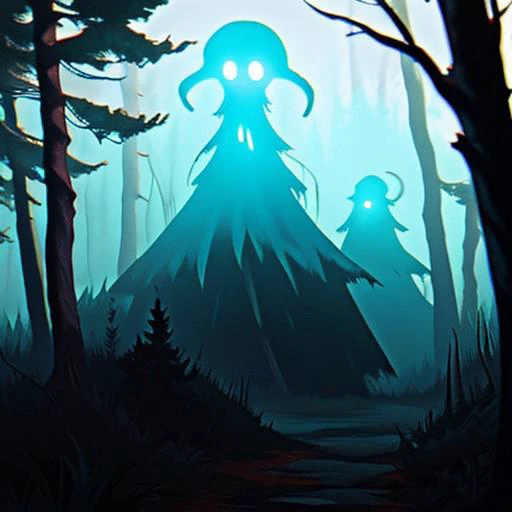 take a photograph, in a dark forest, with some trees, full of dense fog, ghostly specters wandering, lurking demons staring at the camera, dark atmosphere