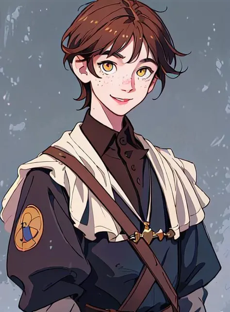 (masterpiece), (best quality), ultra high resolution, 1boy, brown hair, yellow eyes, freckles, upper body, looking up viewer, nervous smile, shy, simple background, medieval clothes, young, teenager, , round face, big eyes