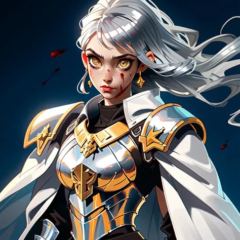 WarHammer 40,Sister of Battle,Adepta Sororitas, 1 woman,standing back turnned,long white hair, ((golden eyes)),battle armor female warhammer40k,(((silver armor))),,White cloak,chainsaw sword, warhammer 4k LazPistol,8k,Hd, Masterpeice,ultra detailed,super quality,perfect faces , pretty faces, stirn expression, baseball cap that says eggcelent on the front.Blood,gore,blood splatter,, ultra quality,beautiful face,perfect hands,8k Hd, HeadpatPOV, torn clothes, inblackholetech,excessive energy,scifi, LunarPunkAI