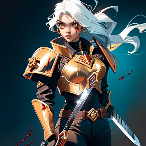 WarHammer 40,Sister of Battle,Adepta Sororitas, 1 woman,standing back turnned,long white hair, golden eyes, battle armor female warhammer40k,red painted armor,chainsaw sword, warhammer 4k LazPistol,8k,Hd, Masterpeice,ultra detailed,super quality,perfect faces , pretty faces, stirn expression, baseball cap that says eggcelent on the front.Blood,gore,blood splatter,, ultra quality,beautiful face,perfect hands,8k Hd, HeadpatPOV, torn clothes, inblackholetech,excessive energy,scifi, LunarPunkAI