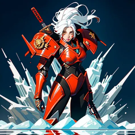 WarHammer 40,Sister of Battle,Adepta Sororitas, 1 woman,standing back turnned,long white hair, golden eyes, battle armor female warhammer40k,red painted armor,chainsaw sword, warhammer 4k LazPistol,8k,Hd, Masterpeice,ultra detailed,super quality,perfect faces , pretty faces, stirn expression, baseball cap that says eggcelent on the front.Blood,gore,blood splatter,, ultra quality,beautiful face,perfect hands,8k Hd, HeadpatPOV, torn clothes, inblackholetech,excessive energy,scifi, LunarPunkAI, female,,cyborg,sexy,ninja,long hair with tips of ice vapor,clothing style ninja,reflection of the world in eyes,polymer skin,battle damaged body,environment war zone futuristic, many faallen warriors, Massive mecha in distance,perfect face,perfect eyes,