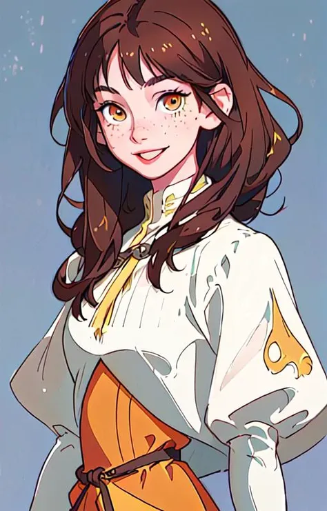 (masterpiece), (best quality), ultra high resolution, extremely detailed CG, original, teenager, freckles, medieval clothes, brown hair, yellow eyes, smiling shyly, skinny, young, simple background, upper body, looking at viewer