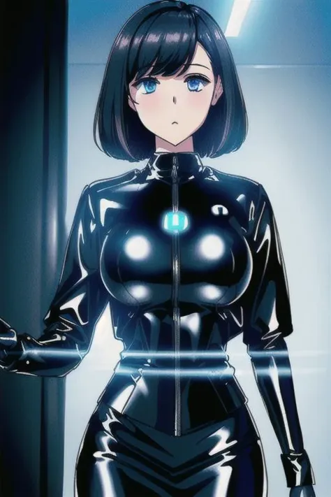 (Dark Persona), professional detailed (full length) photo of (latex office woman) being (brainwashed by Mind control device), (white office blouse with covered nipples and latex pencil skirt:1), (expressionless), (Brainwashing), (Mind Control), (Mind control device),