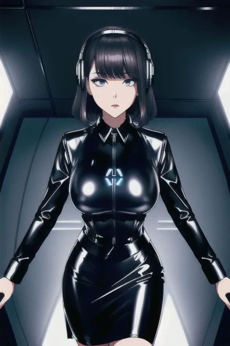 (Dark Persona), professional detailed (full length) photo of (latex office woman) being (brainwashed by Mind control device), (white office blouse with covered nipples and latex pencil skirt:1), (expressionless), (Brainwashing), (Mind Control), (Mind control device),