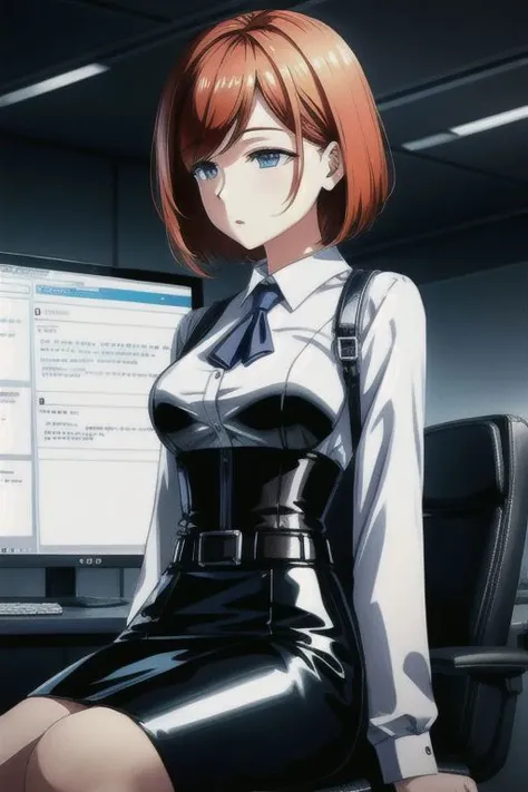 (Mind Control Theme), (latex office woman) sitting in chair and (looking at computer screen with spiral), (wearing white office blouse with covered nipples and latex pencil skirt:1), (expressionless, empty eyes:1.1), (Hypnosis), (Mind Control), (looking at brainwashing screen), (looking away from viewer),