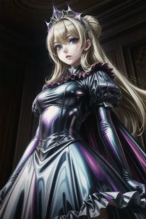 blonde evil corrupted young princess wearing dark pastel (ruffled:1) (gleaming latex:1) gown with (long latex cape:1) and latex elbow bridal gauntlets, (Perfect Face:1), soft lighting, glossy red lips, ruffles