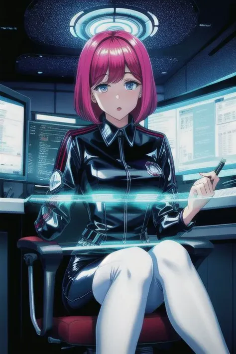 a woman in a black leather jacket sitting in front of a computer desk