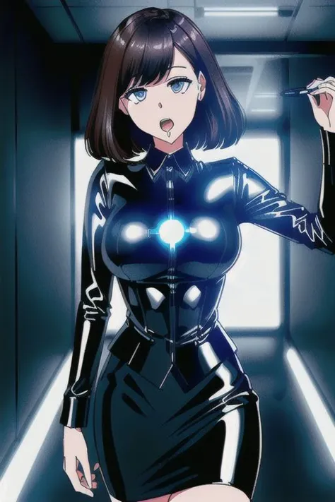 (Dark Persona), professional detailed (full length) photo of (latex office woman) being (brainwashed by Mind control device), (white office blouse with covered nipples and latex pencil skirt:1), (expressionless, open mouth, drooling), (Brainwashing), (Mind Control), (Mind control device),