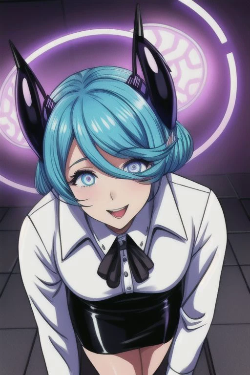 professional detailed photo of (latex office woman) being (brainwashed by mind control head antennae), (latex white office blouse and pencil skirt:1), (office high heels:1), Mind Control spiralwash eyes Eyes, Brainwashed facial expression, creepy crazy smile, (Brainwashing), (Mind Control), (Mind control antennae),