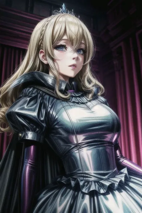 blonde evil corrupted young princess wearing dark pastel (ruffled:1) (gleaming latex:1) gown with (long latex cape:1) and latex elbow bridal gauntlets, (Perfect Face:1), soft lighting, glossy red lips, ruffles