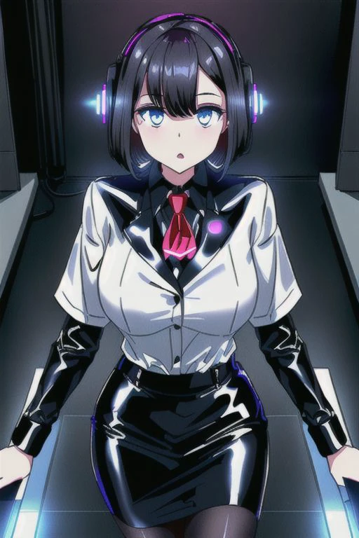 (Dark Persona), professional detailed (full length) photo of (latex office woman) being (brainwashed by Mind control device), (white office blouse with covered nipples and latex pencil skirt:1), (expressionless), (Brainwashing), (Mind Control), (Mind control device),