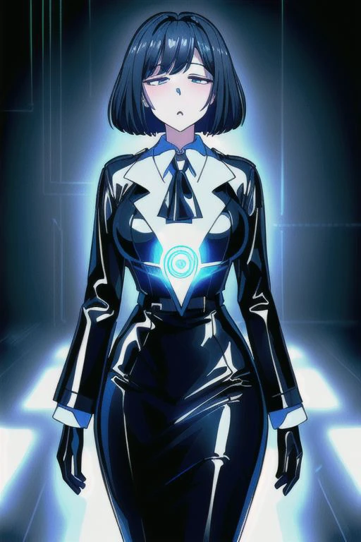 (Dark Persona), professional detailed (full length) photo of (latex office woman) being (hypnotized by computer screen), (white office blouse with covered nipples and latex pencil skirt:1), (expressionless, empty eyes, drooling), (Brainwashing), (Mind Control), (brainwashing screen),