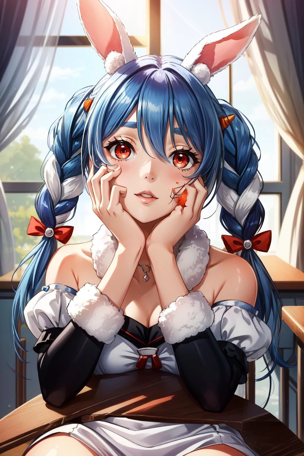 (masterpiece, best quality), intricate details,
1girl, <lora:pekorausada-lora-nochekaiser:0.8> pekora usada, animal ears, blue hair, braid, carrot hair ornament, food-themed hair ornament, hair ornament, multicolored hair, (red eyes:1.5), rabbit ears, twin braids, twintails, two-tone hair,, strapless, strapless dress, (white dress:1.5), black gloves, black pantyhose, bow, bridal garter, detached sleeves, dress, fur scarf, fur trim, fur-trimmed dress, fur-trimmed gloves, gloves, pantyhose, puffy detached sleeves, puffy sleeves, red bow,
<lora:yandere_trance:0.5> yandere trance, yandere, hands on own face,hands on own cheeks, blood, blood on face, school, indoors, night, sitting at school desk,