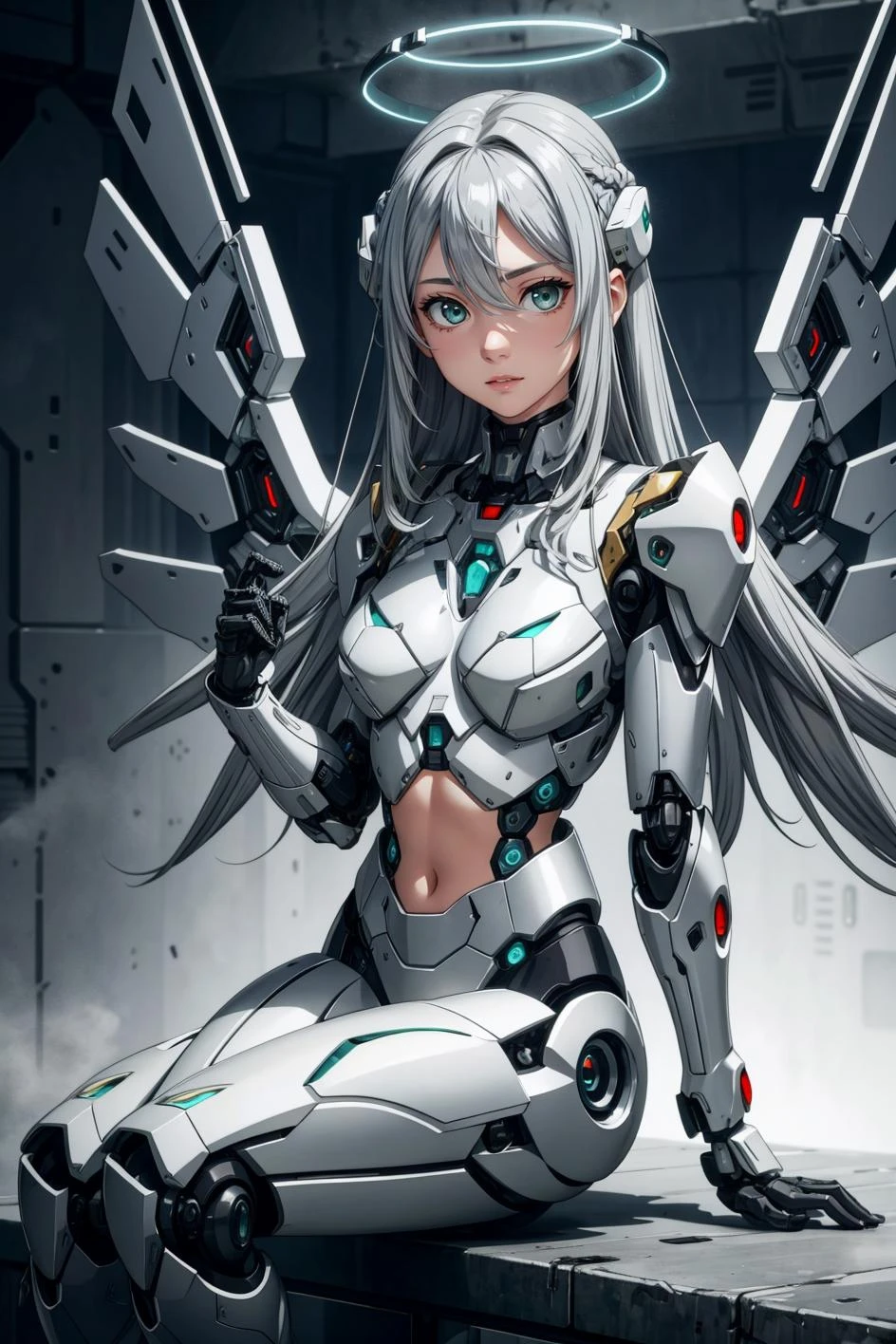 a beautiful girl with gray colored hair and some kind of robotic body armor, 1girl, solo, long hair, green eyes, halo, looking at viewer, wings, hair between eyes, sitting, breasts, mechanical wings