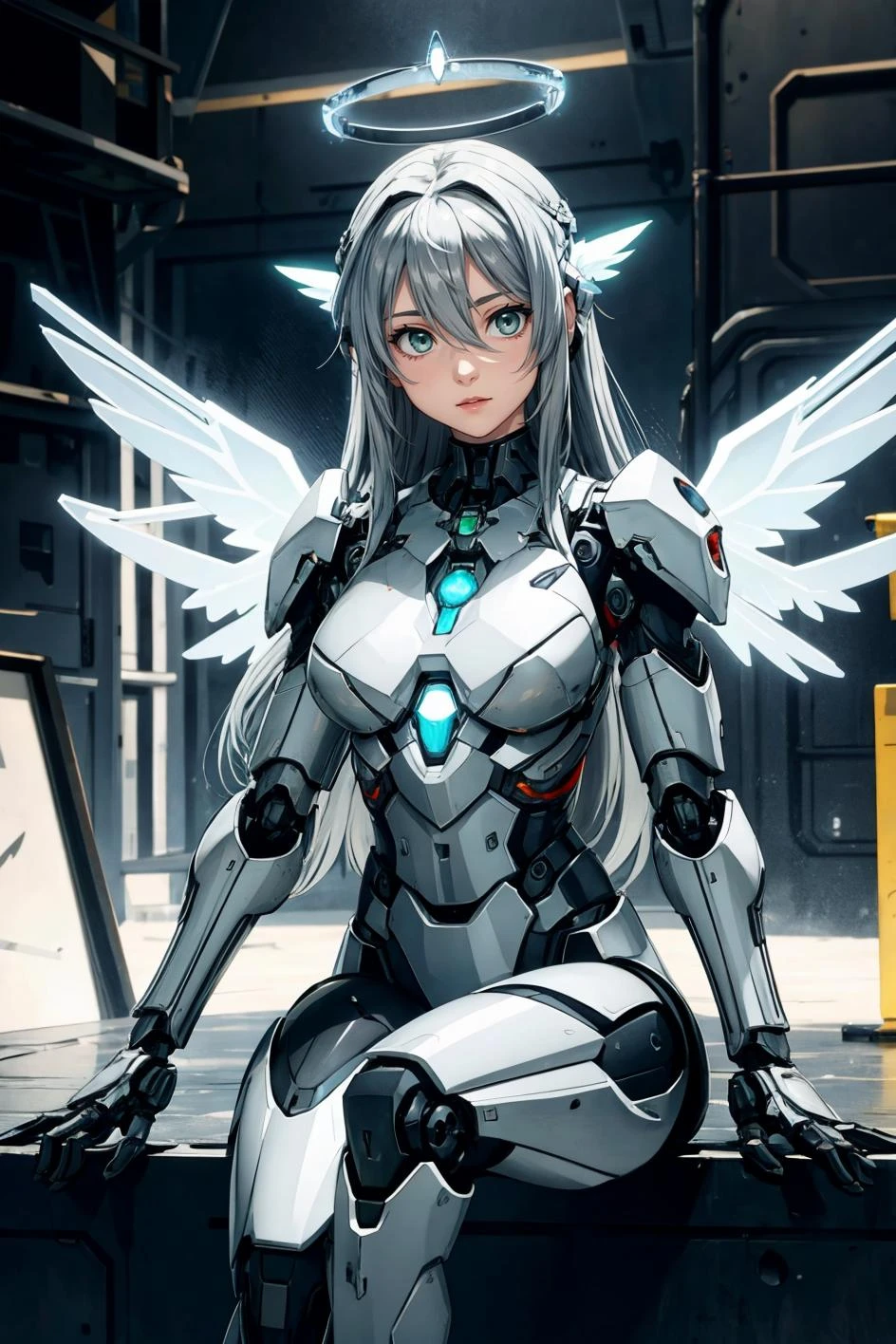 a beautiful girl with gray colored hair and some kind of robotic body armor, 1girl, solo, long hair, green eyes, halo, looking at viewer, wings, hair between eyes, sitting, breasts, mechanical wings