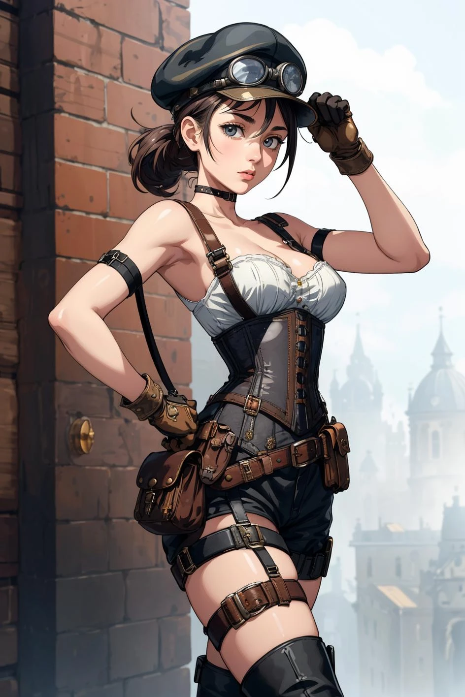 (masterpiece), (best quality), (extremely detailed), 1girl, solo, young, BAG, BELT PUCH, CABBIE HAT, CORSET, GLOVES, POUCH, SHOULDER BAG, THIGH HOLSTER, THIGH STRAP, BOOTS, SUSPENDERS, WRISTBAND, STEAMPUNK, background sky, zepplin, hands behind head,