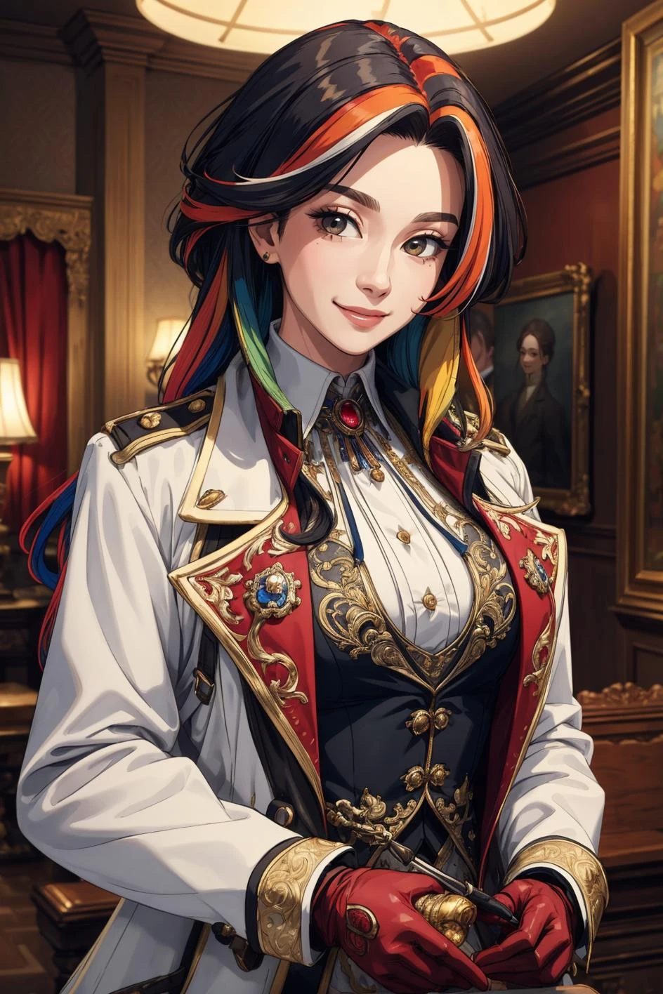 (masterpiece, best quality:1.2), intricate details, 1woman, multicolored hair, long hair, collared shirt, jacket, light smile, gloves, (mature female:1.2)