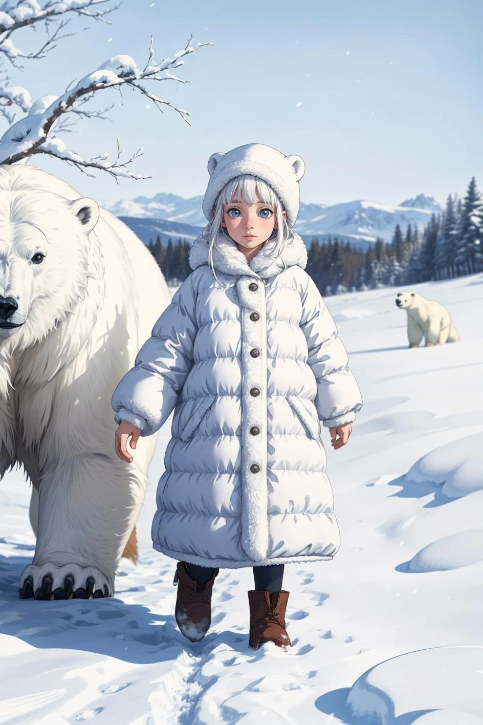 Children's Illustration Style, On a snowy day, a girl is with a polar bear. cinematic photo, 4k, highly detailed, uhd image, intricate details, detailed scene background, detailed, 8k, trending, amazing art, colorful