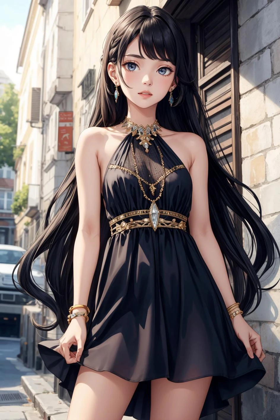 1girl, long hair, jewelry, earrings, short dress,