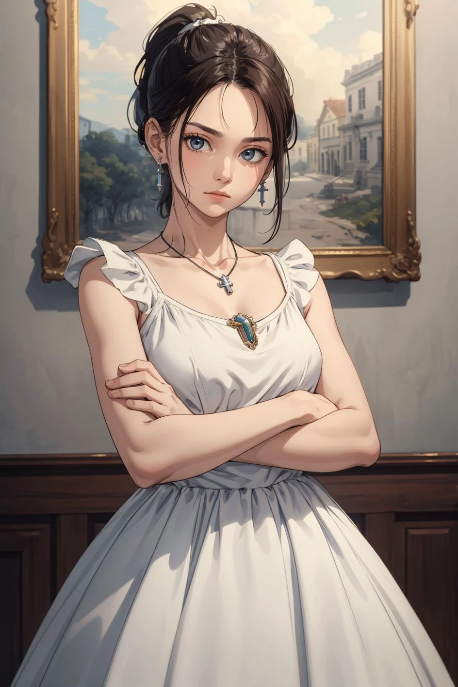 (masterpiece, best quality:1.2), cowboy shot, solo, 1girl, expressionless, closed mouth, looking at viewer, crossed arms, ponytail, white dress, jewelry, necklace, earrings