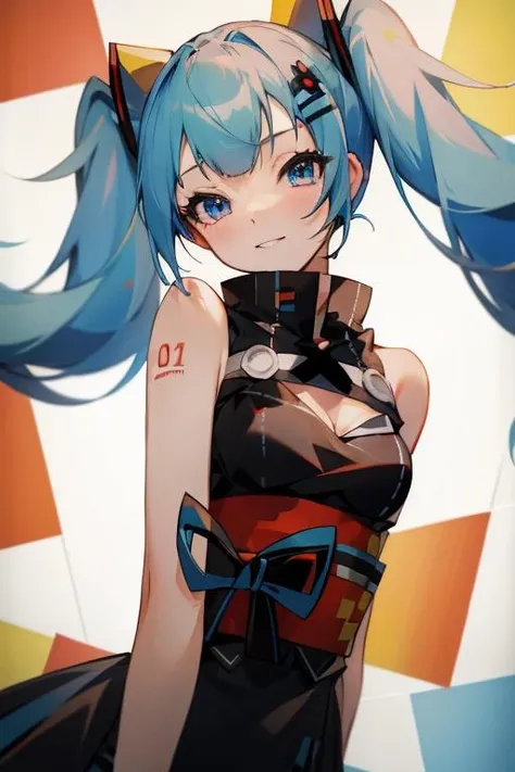 <lora:Kaguya_Luna:1>bare shoulders, black dress, cleavage, cleavage cutout, fake animal ears, hairclip, obi, sash, twintails, hatsune miku, blue hair, blue eyes, very long hair, small breasts, masterpiece, best quality
