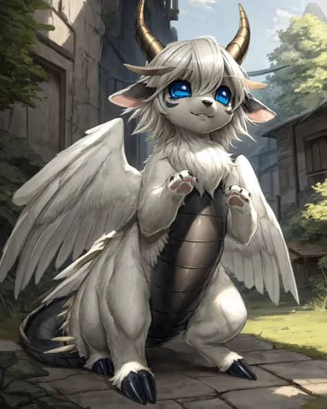 ultra-detailed, masterpiece, masterwork, high quality, best quality, hdr, (nature, japanese style), nsfw, male, solo, avian, chibi, ((nude)), (white little body crow), (long silver hair, beak, detailed yellow eyes, cooleyes), horn, dragon ears, penis focus, squatting, dynamic angle, (micropenis, foreskin, perfect balls), Hands and wings in one piece,