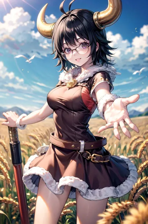 (masterpiece, best quality, detailed), 1girl, solo, looking at viewer, ShizukuDef, purple eyes, glasses, black hair, short hair, large breasts, breasts, medium breasts, antenna hair,
<lora:AncientVikings:0.9>, ancient viking, viking helmet, horned helmet, fur trim, helmet, outdoors, wheat, wheat field, sky, cloud, spread arms, outstretched arms, smile, parted lips