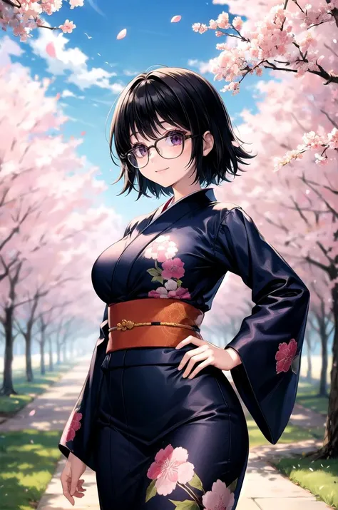 (masterpiece, best quality, detailed), 1girl, solo, looking at viewer, ShizukuDef, purple eyes, glasses, black hair, short hair, large breasts, breasts, medium breasts,
yukata, kimono, obi, print kimono, japanese clothes, short kimono, cherry blossoms, petals, outdoors, tree, sky, wind, hands on hips, smile, closed mouth