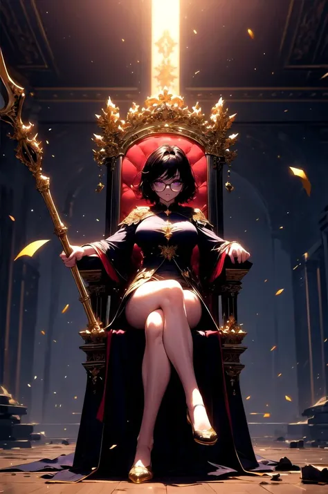 (masterpiece, best quality, detailed), 1girl, solo, looking at viewer, <lora:LoRA_Shizuku:1>, ShizukuDef, purple eyes, glasses, black hair, short hair, large breasts, breasts, medium breasts, <lora:r1ge - AnimeRage:0.65>, glowing, flying debris, magic, aura, energy, indoors, throne room, throne, pillar, banner, gold, stone wall, sitting, crossed legs