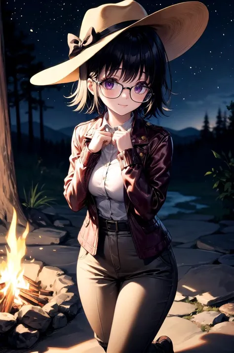(masterpiece, best quality, detailed), 1girl, solo, looking at viewer, ShizukuDef, purple eyes, glasses, black hair, short hair, large breasts, breasts, medium breasts, antenna hair,
fedora, brown headwear, brown pants, black belt, cowboy hat, brown jacket, leather jacket, indiana jones, white shirt, satchel, (campfire), night, nature, night sky, forest, full body, <lora:breasts_squeezed_together_v0.2:1> breasts squeezed together, hands on own chest, evil smile, blush