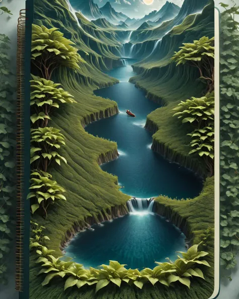 Surrealist art (Bipolar Digital Artwork:1.3) of (Technical illustration:1.3) <lora:Book_FFusion:1.2> a notebook with a waterfall on it, 3 d epic illustrations, highly detailed illustration, hyperrealistic illustration, ultra detailed illustration, matte illustration, very detailed illustration, detailed painting 4 k, a beautiful artwork illustration, realistic fantasy illustration, high detailed illustration, photorealistic illustration, highly detailed 4 k art, stunning digital illustration, detailed digital 3d art, amazing wallpaper,CGSociety,ArtStation,(Abstract Art:1.3),(Surrealism Art:1.3),(Abstract Illusionism:2),naturalism,land Art,regionalism,shutterstock contest winner,trending on unsplash,featured on Flickr . Dreamlike, mysterious, provocative, symbolic, intricate, detailed