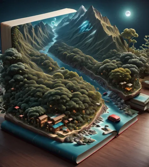 Surrealist art <lora:Book_FFusion:1> <lora:Book_FFusion_32:0.21> <lora:FF-Style-Dall-e-FFusion-Surrealism:0.3> 3d book art - a book with a 3d printed landscape, 3 d epic illustrations, 3 d illutration, intricate 3 d illustration, realistic 3 d style, detailed digital 3d art, surreal + highly detailed, 3d landscape, 3 d landscape, 3d matte illustration, trend on behance 3d art, trend on behance 3 d art . Dreamlike, mysterious, provocative, symbolic, intricate, detailed