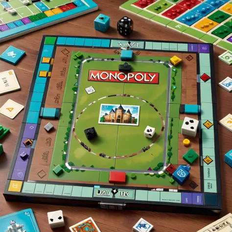 online game,A colorful, top-down view of a Monopoly-inspired computer game board. The interface includes vibrant property squares with animated buildings, chance and community chest cards, currency indicators, and player pieces moving around the board. Detailed icons and buttons for game actions adorn the edges of the screen, providing an interactive experience. The digital board is set against a patterned backdrop, suggesting a textured surface on which the game is played, complete with dice, game tokens, and property cards arranged neatly around the playing area, <lora:Book_FFusion:0.8> notebook, book <lora:lego_v2.0_XL_32:0.8> LEGO BrickHeadz, LEGO MiniFig, LEGO Creator
