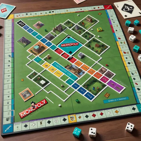 online game,text,A colorful, top-down view of a Monopoly-inspired computer game board. The interface includes vibrant property squares with animated buildings, chance and community chest cards, currency indicators, and player pieces moving around the board. Detailed icons and buttons for game actions adorn the edges of the screen, providing an interactive experience. The digital board is set against a patterned backdrop, suggesting a textured surface on which the game is played, complete with dice, game tokens, and property cards arranged neatly around the playing area, <lora:Book_FFusion:0.8> notebook, book