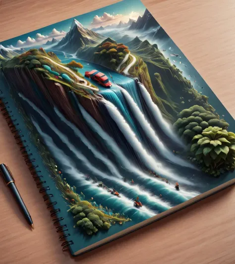 a close up of a notebook with a painting of a waterfall and a car